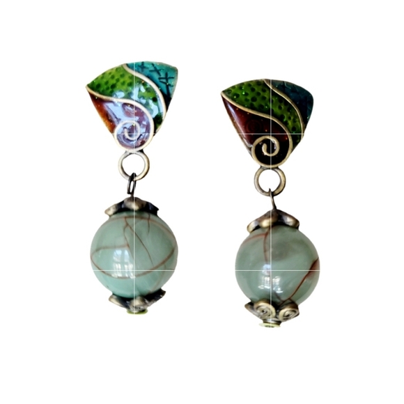 Fan Shaped  Vintage-style Cloisonne Enamel and Jade Bead Drop Earrings - Picture 1 of 10